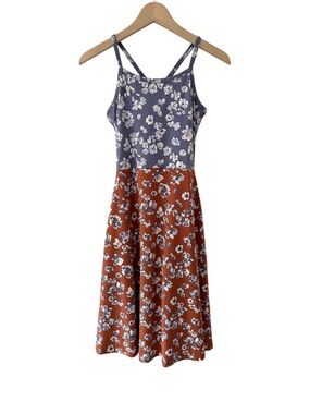 Pact Fit & Flare shorty Midi Dress S lilac burnt orange floral Cotton NWOT
